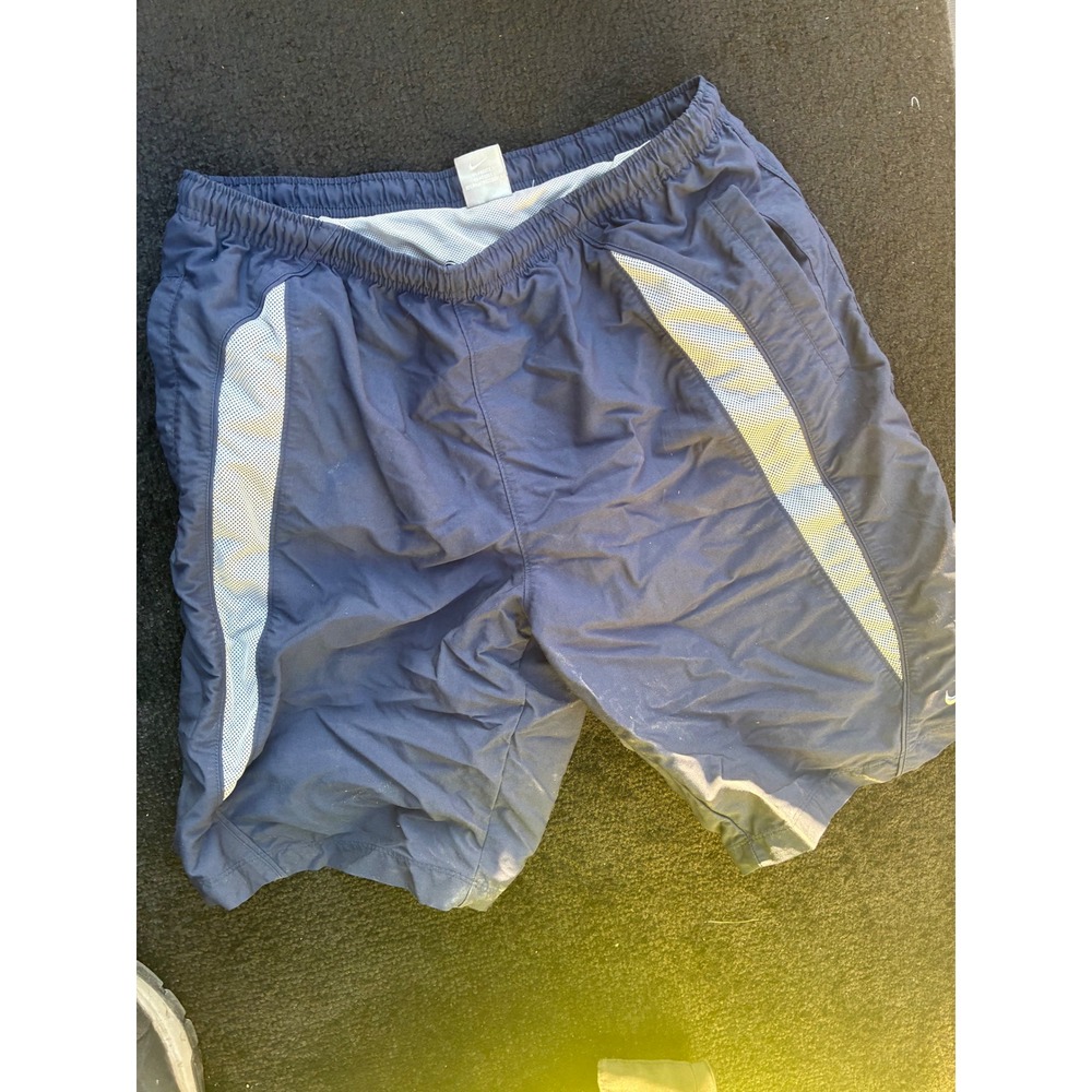 Nike Mens Navy Blue Mesh Panel Athletic Running Shorts Large Swoosh Logo